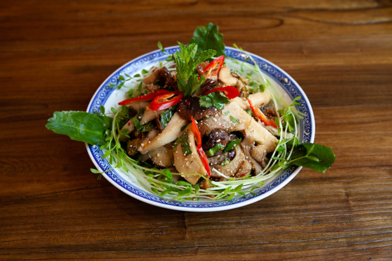 Laab hed yang jae, a mushroom-based take on the well-known laab salad.