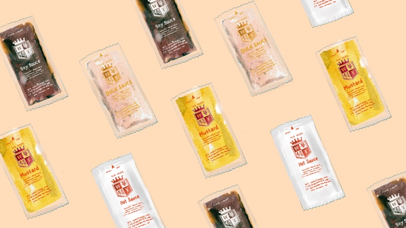 Illustration of WY Industries soy sauce, mustard, duck sauce and hot sauce packets