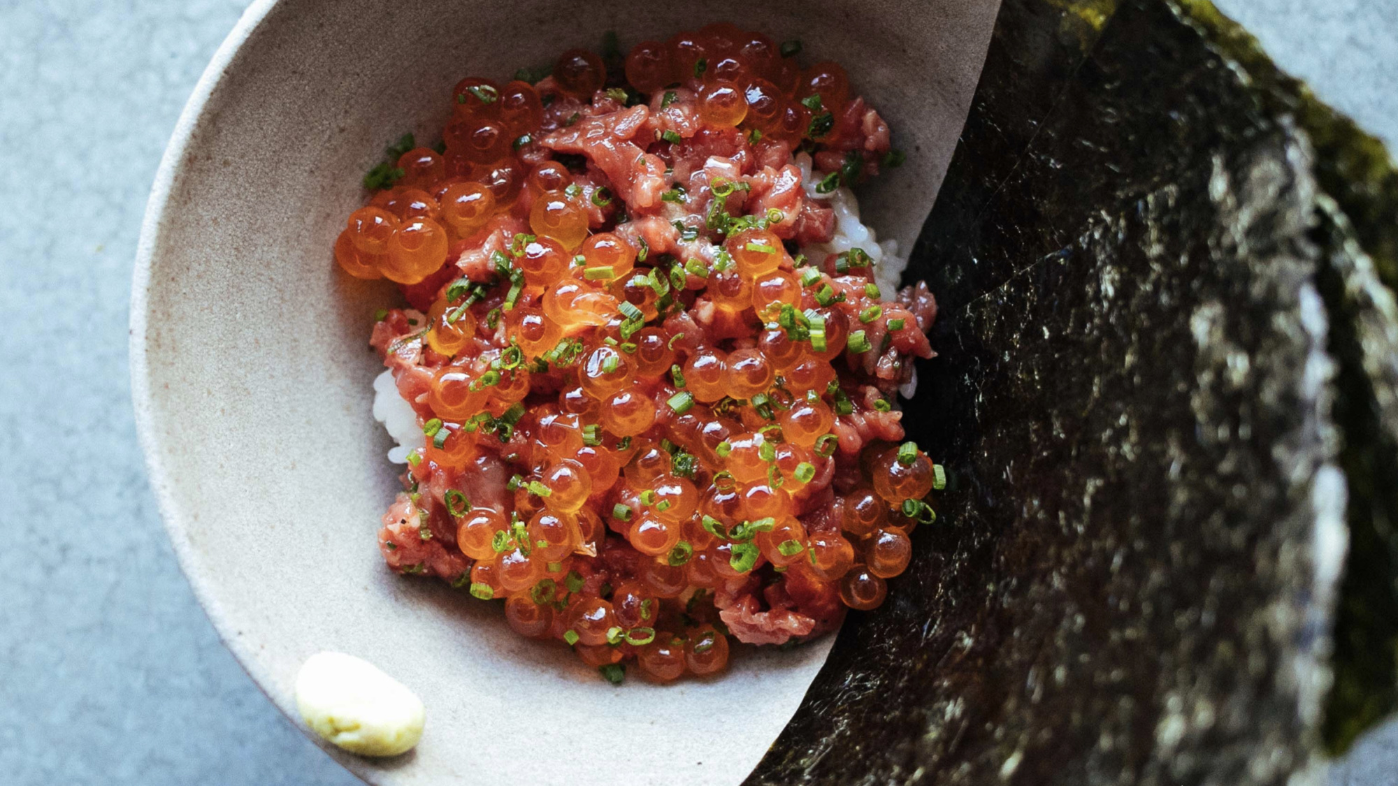 Ernest's beef tartare with sushi rice, ikura, and toasted nori.