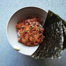 Ernest's beef tartare with sushi rice, ikura, and toasted nori.