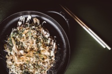 The Hiroshima-style okonomiyaki, with noodles, notably different from Gaijin's Osaka-style version.. // Photo by Regan Baroni