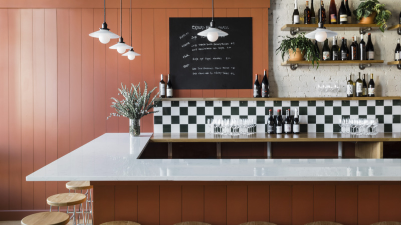 The bar setup at Gray's Hall, including exposed brick. // Photo courtesy of Gray's Hall; additional photography by Dave Shaw