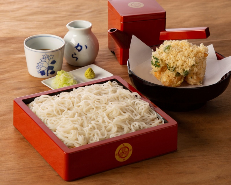 The Sarashina Horii Soba with Shrimp Kakiage (mixed tempura).