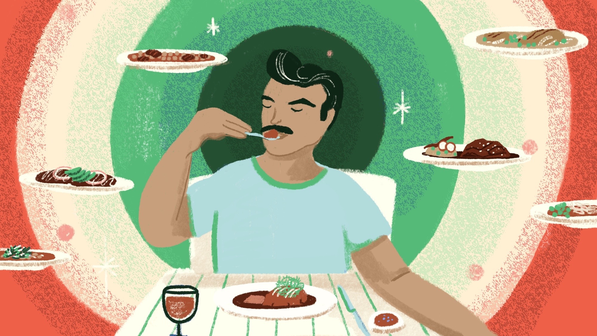 Illustration of a man eating Mexican dishes.