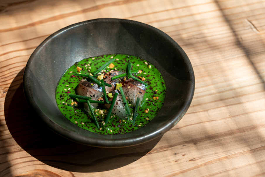 So is this shimaaji-striped jack with anchovy, green garlic sauce, purple shiso salt, chives, pistachio, and roasted sesame.