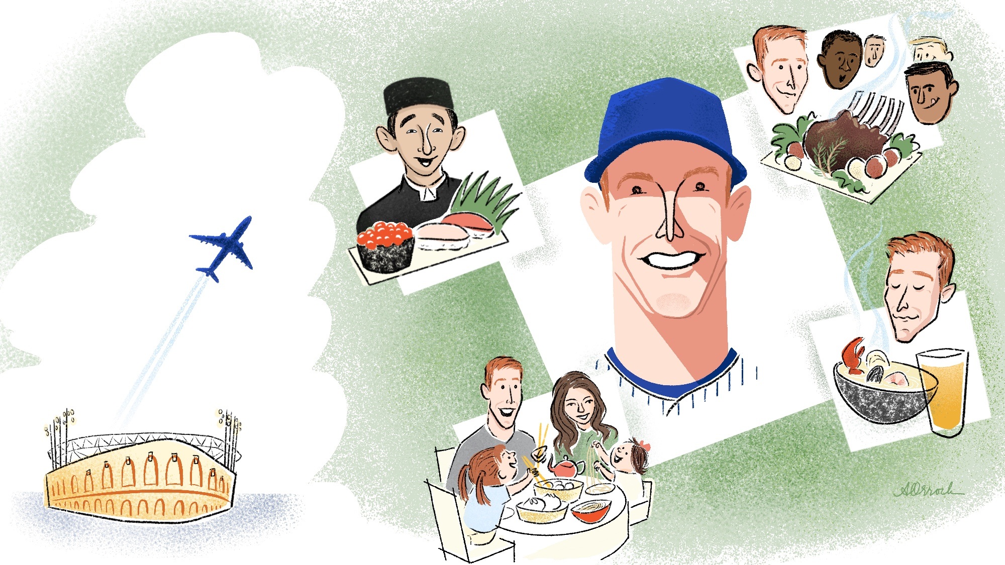 An illustration of Mark Canha with some of his favorite restaurant memories.