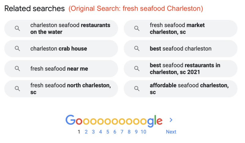 Related search terms in Google for original search fresh seafood Charleston