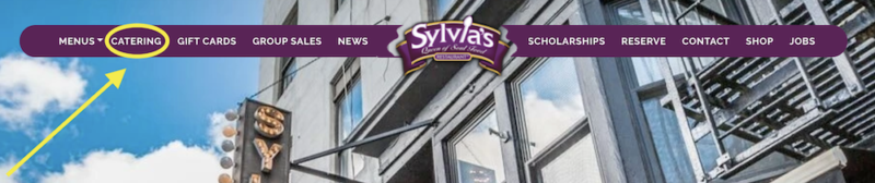 The website navigation bar of Sylvia's Restaurant in Harlem includes a specific page for catering