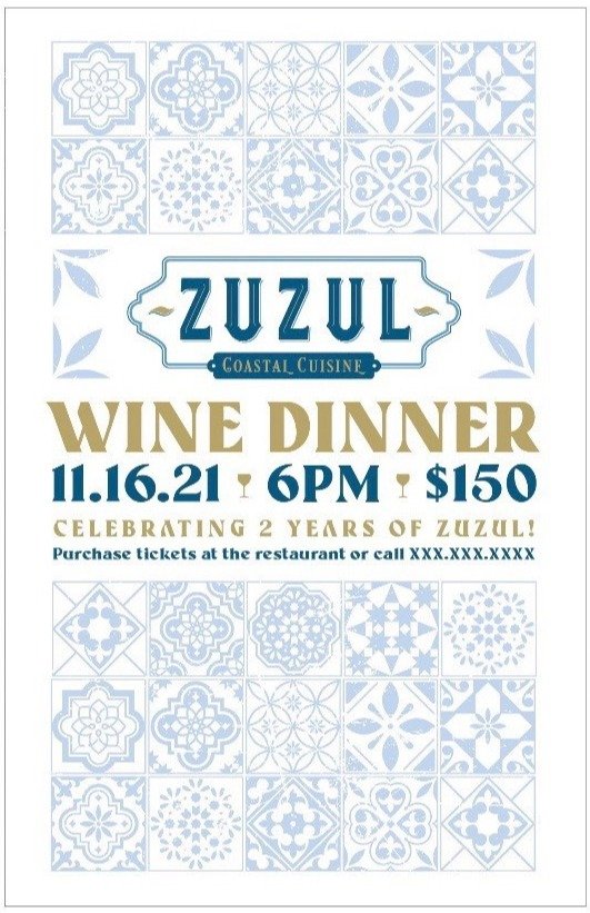 Digital flyer for Zuzul Wine Dinner