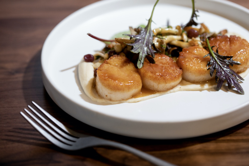 Scallops over celery root purée.