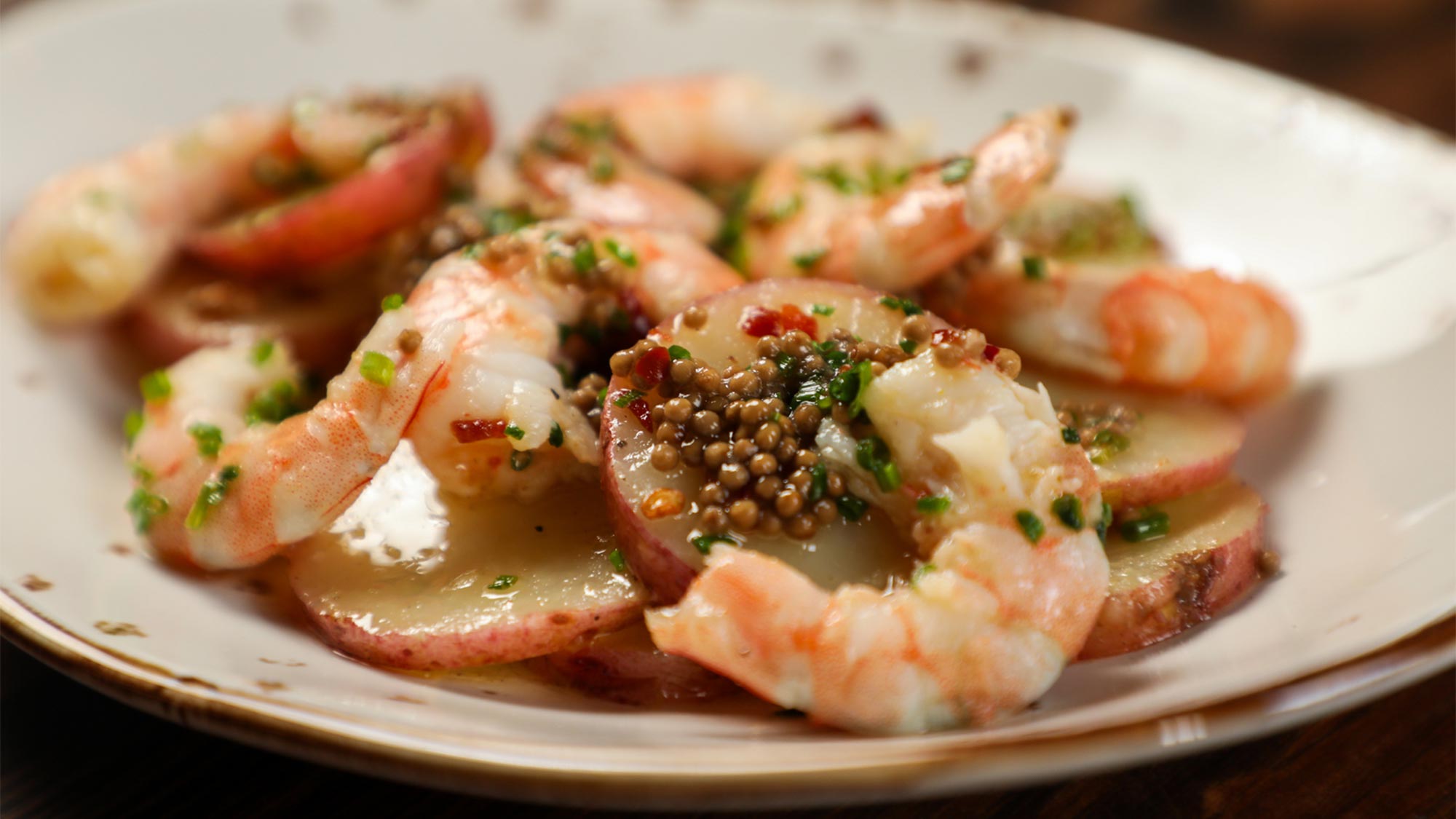 Shrimp and caviar at Plates Restaurant