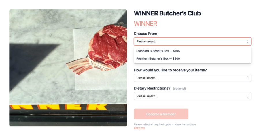A screenshot from Table22's page for WINNER that features a cut of raw beef and various options to make a purchase