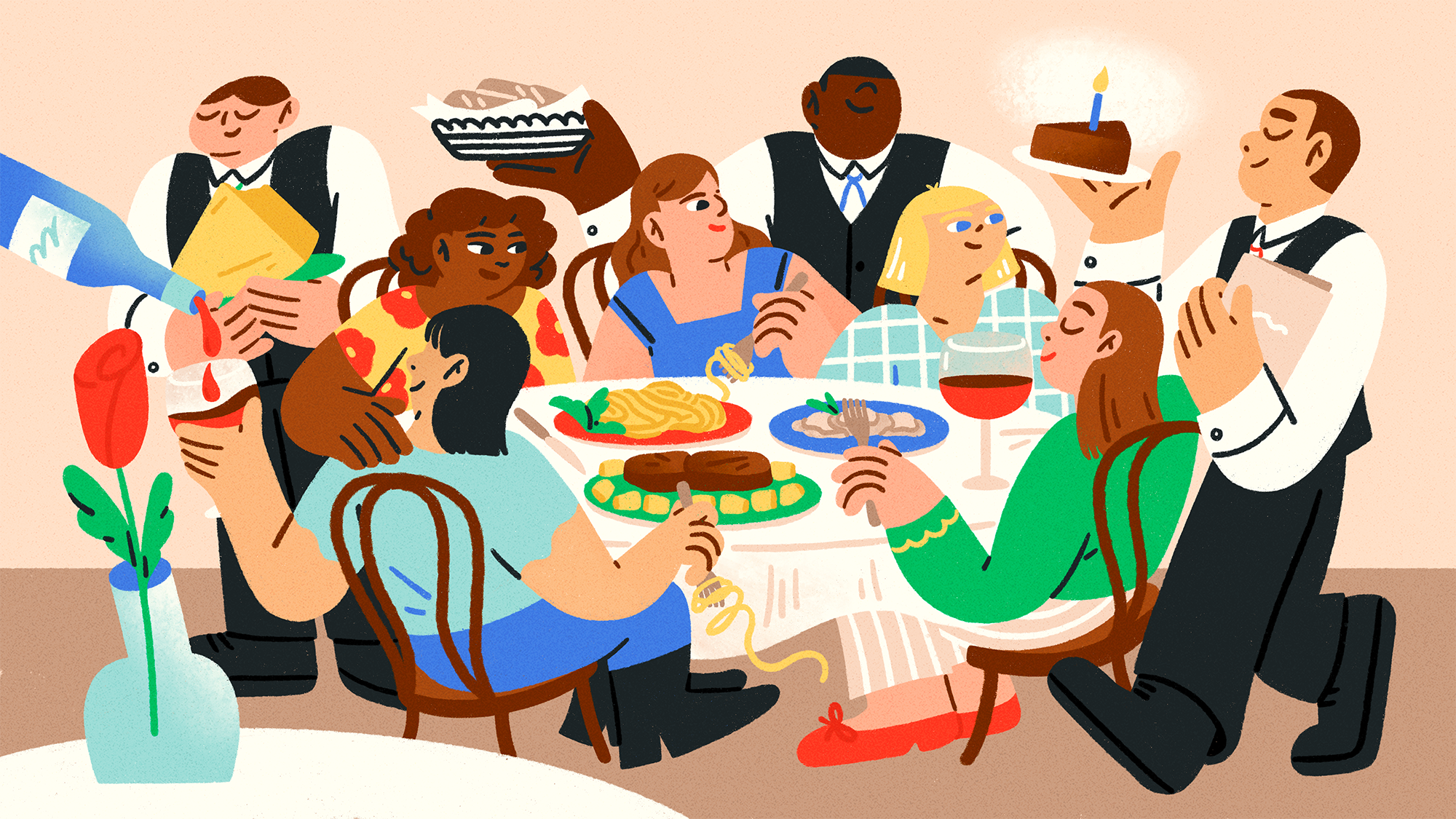 An artist's illustration of a group of diners celebrating a birthday at Il Mulino in New York, surrounded by waiters.