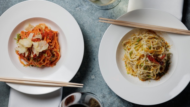 Spicy tomato shrimp pasta and surimi bottarga pasta at Kappo Masa