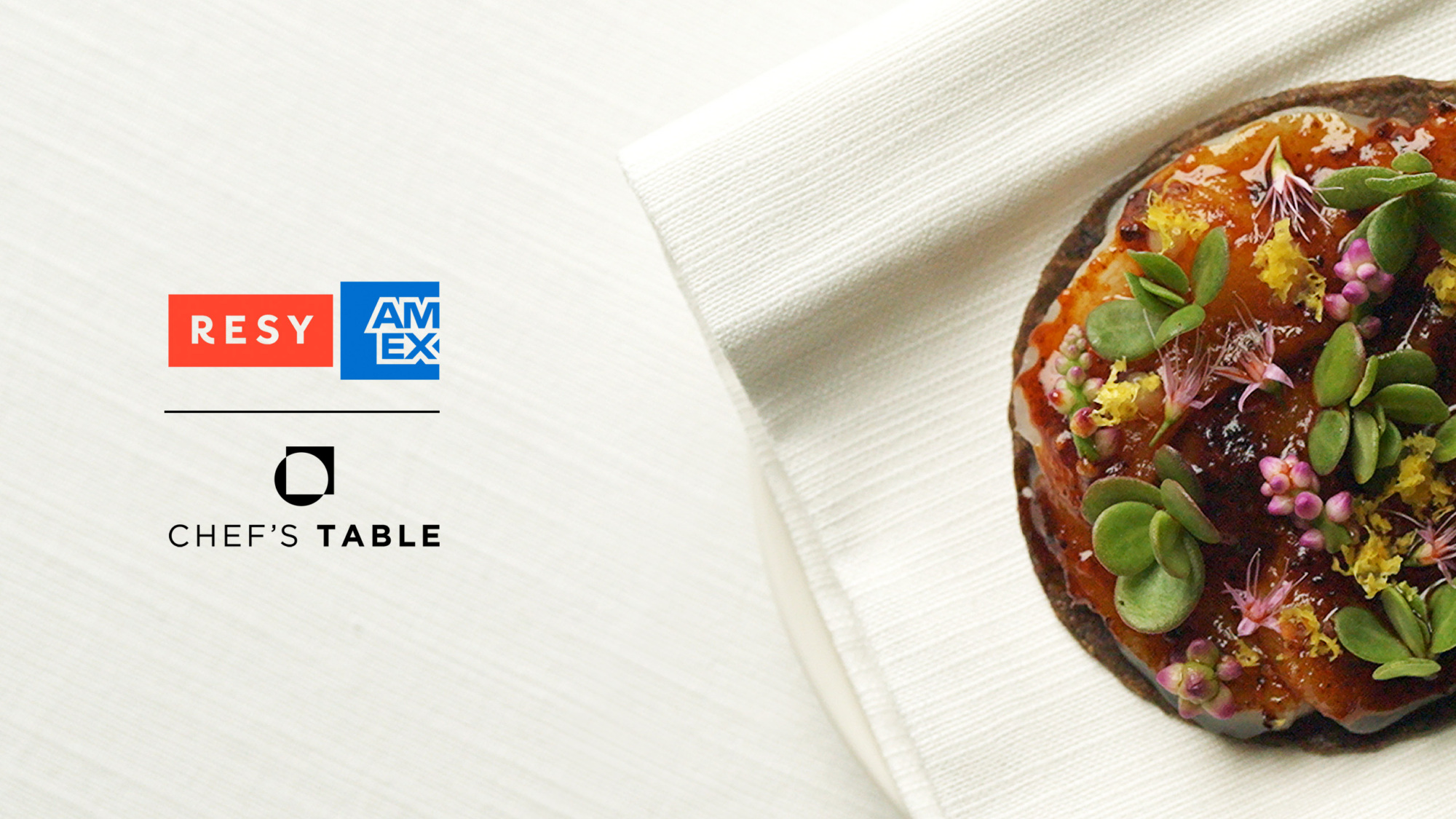 Resy, American Express, and Chef's Table logos are next to an image of food.