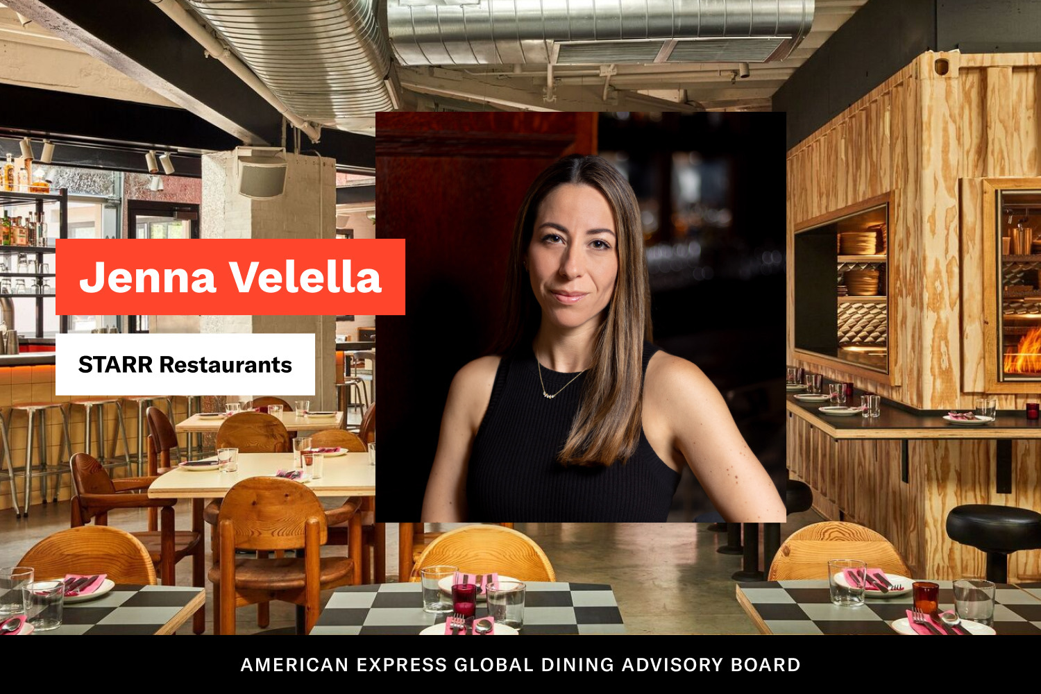 Jenna Velella from Starr Restaurants has her headshot in front of a background of a dining room