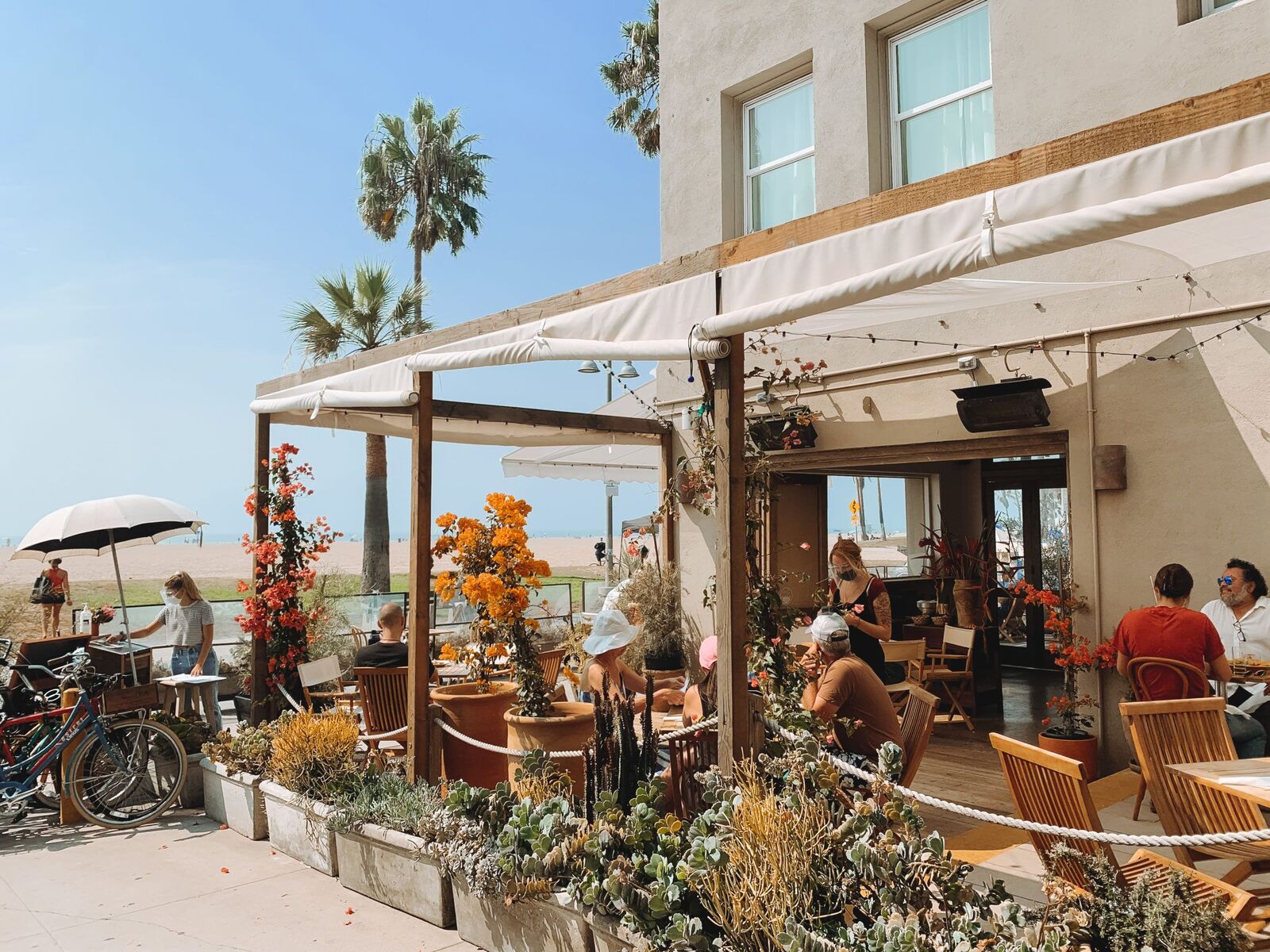 Beach front restaurant patio with diners outside and palm trees in the background