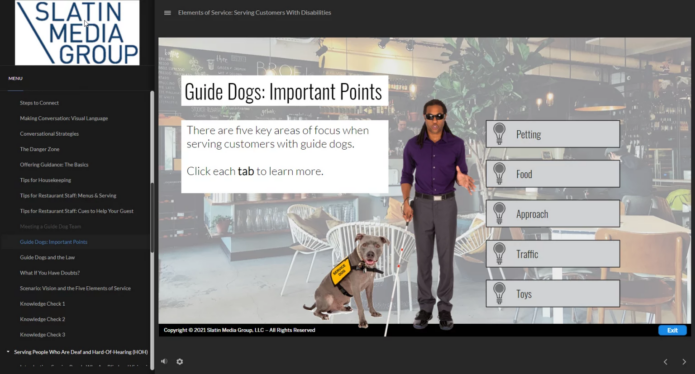 In a sample frame from Peter Slatin's Elements of Service online course, a man stands with a guide dog on a page titled "Guide Dogs: Important Points".