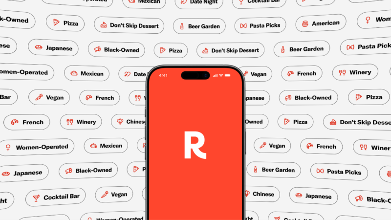 iPhone with Resy logo and badges behind it