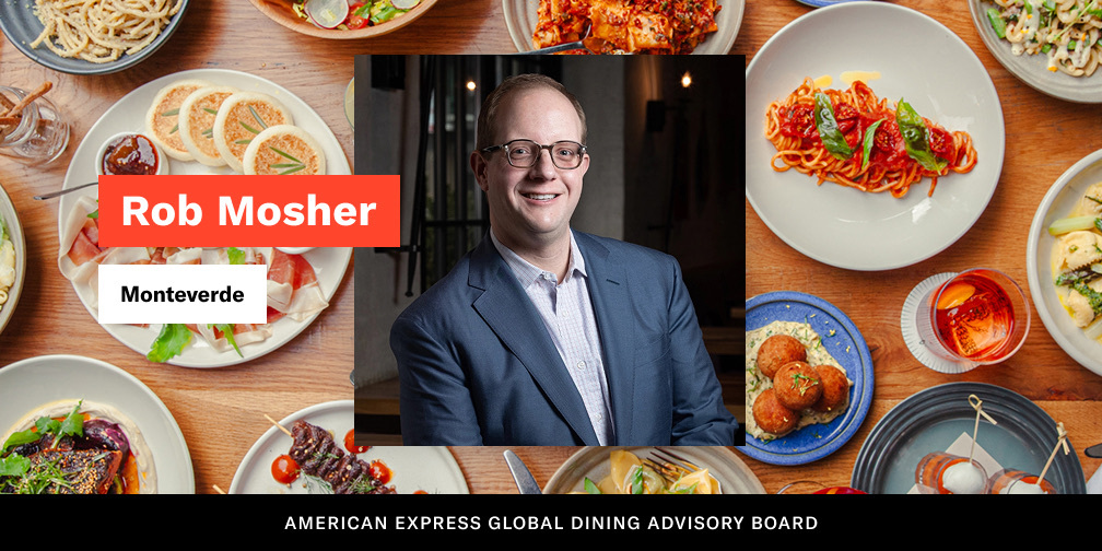 Rob Mosher of Monteverde's headshot on a background of plates of restaurant food