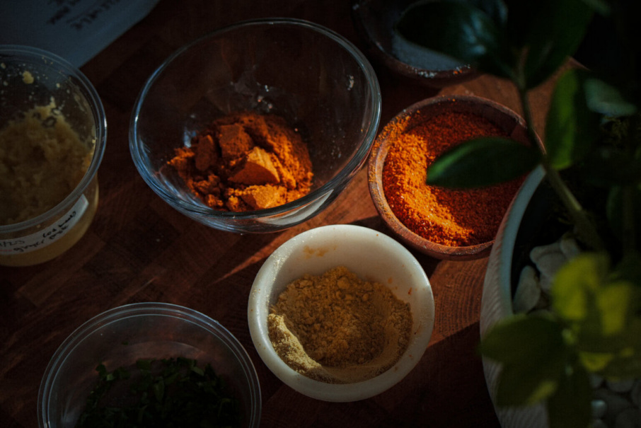 An assortment of African spices in small bowls