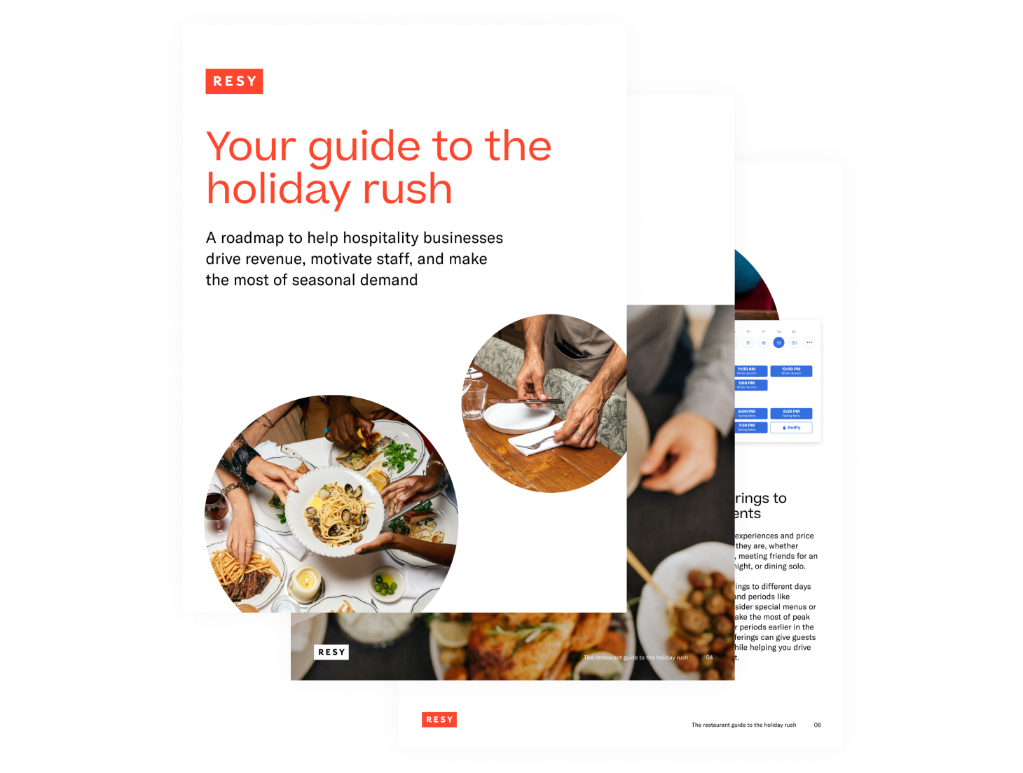 Resy's holiday hospitality business guide featuring red text, restaurant photography, and layered pages.