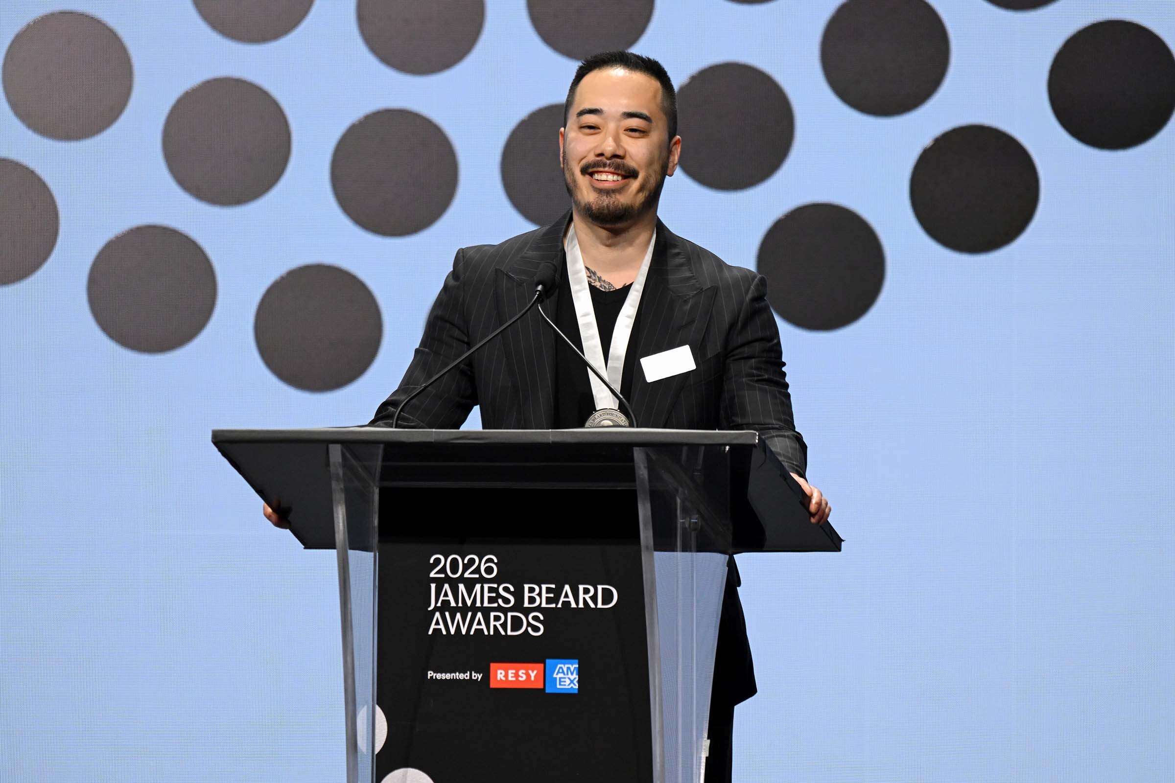 Jesse Ito at the podium of the James Beard Awards